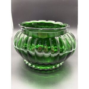 Vintage ALCO Forest Green Ribbed‎ Glass Planter Scalloped Rim Ivy Bowl G-1319